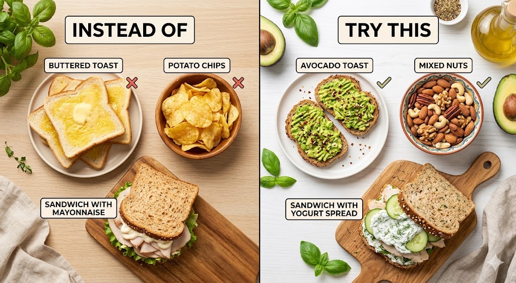 A split-screen comparison infographic titled "Healthy Food Swaps." The left side shows less healthy options like buttered toast, potato chips, and a sandwich with mayonnaise under the heading "INSTEAD OF." The right side shows healthier alternatives like avocado toast, mixed nuts, and a sandwich with yogurt spread under the heading "TRY THIS," featuring fresh ingredients and vibrant colors.