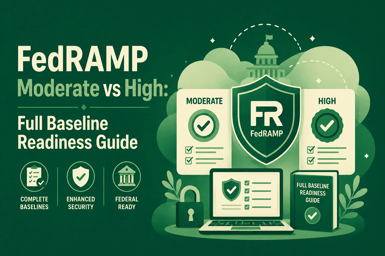 Infographic comparing FedRAMP Moderate and High baselines with cloud security controls, readiness, and compliance.