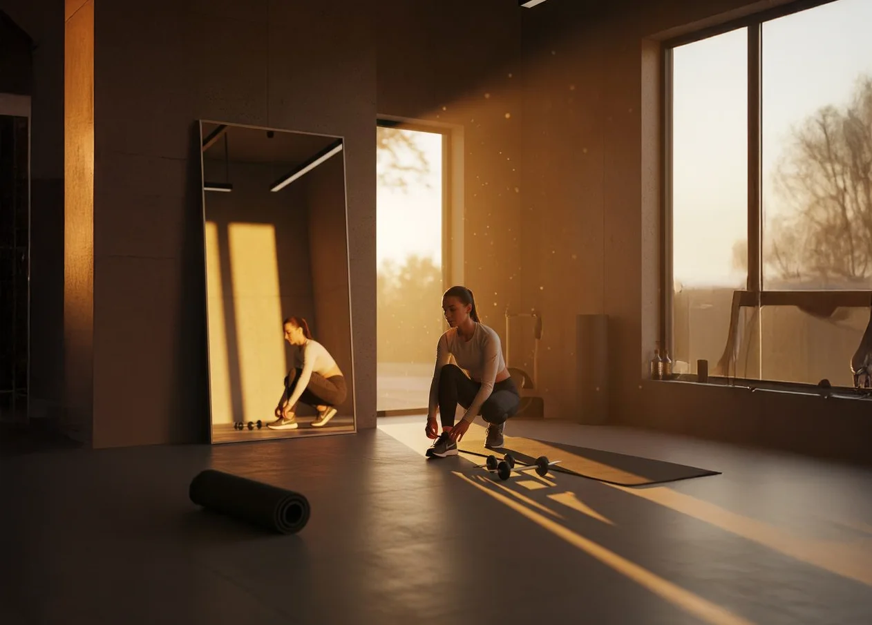 Woman tying shoelace on yoga mat in sunlit gym with mirror.