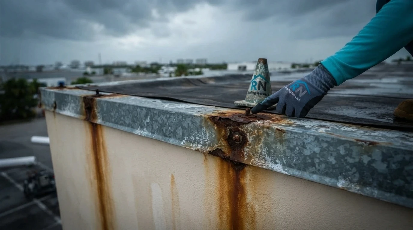 Corroded edge metal and rusted fasteners on a Fort Lauderdale marine-industrial roof