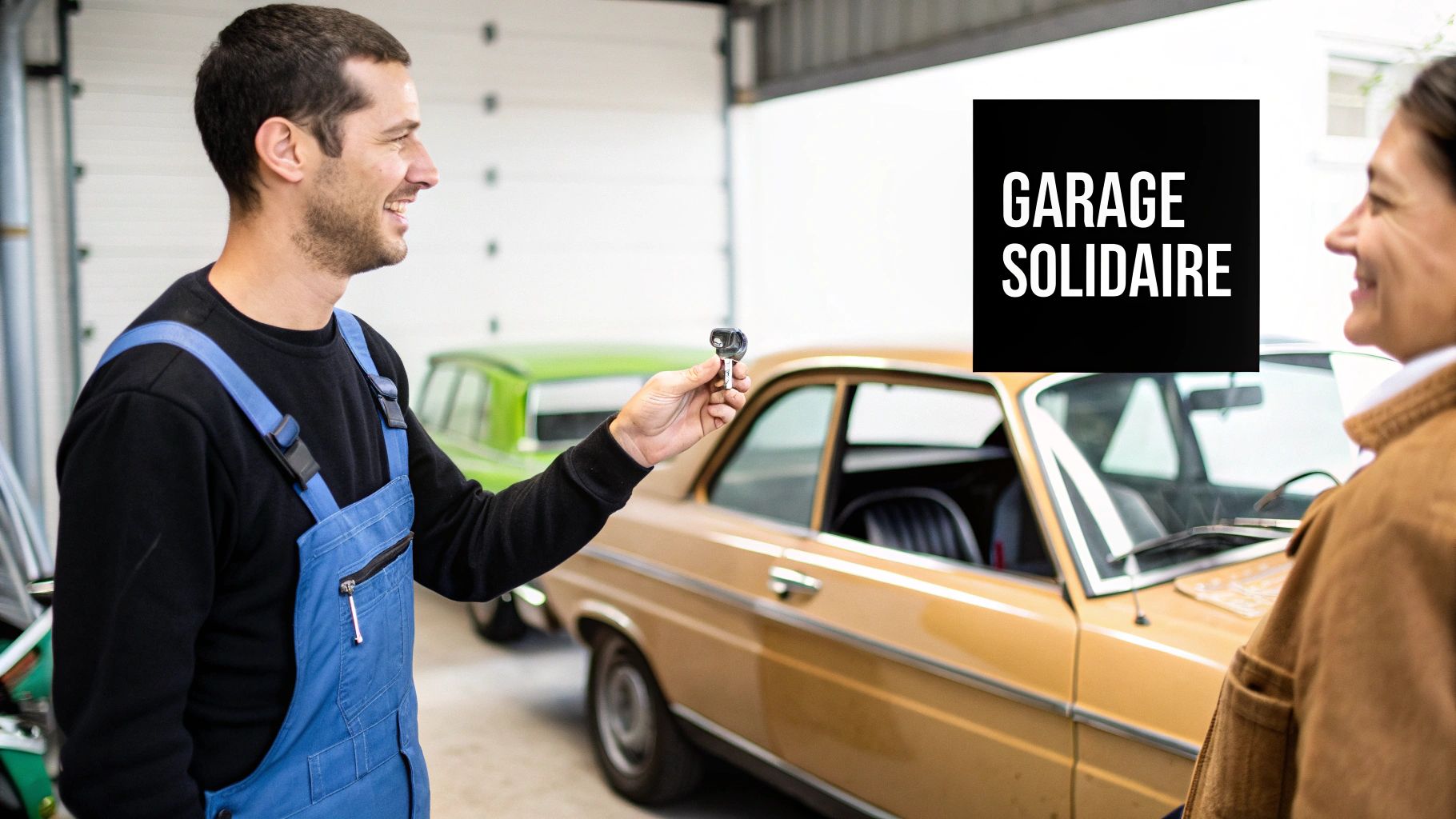 Un mécanicien souriant en salopette bleue tend les clés d'une voiture à une cliente dans un garage solidaire.
