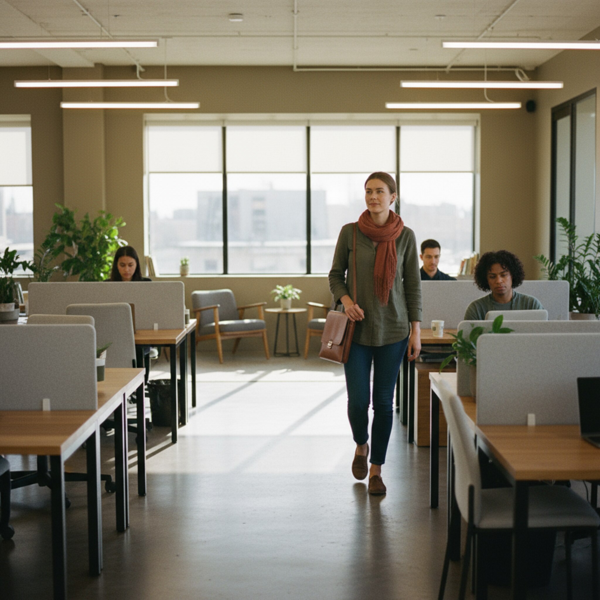 Ein großzügiger Open Space mit klaren Zonierungen zeigt einzelne Schreibtische und ruhige Fokuszonen. Sonnenlicht zeichnet Linien auf den Boden, Akustikpaneele schaffen Abstand. Ein Gast legt seine Tasche an einem ausgewählten Platz ab, schaut kurz in den Raum und setzt sich. Die Entscheidung wirkt intuitiv und sicher.