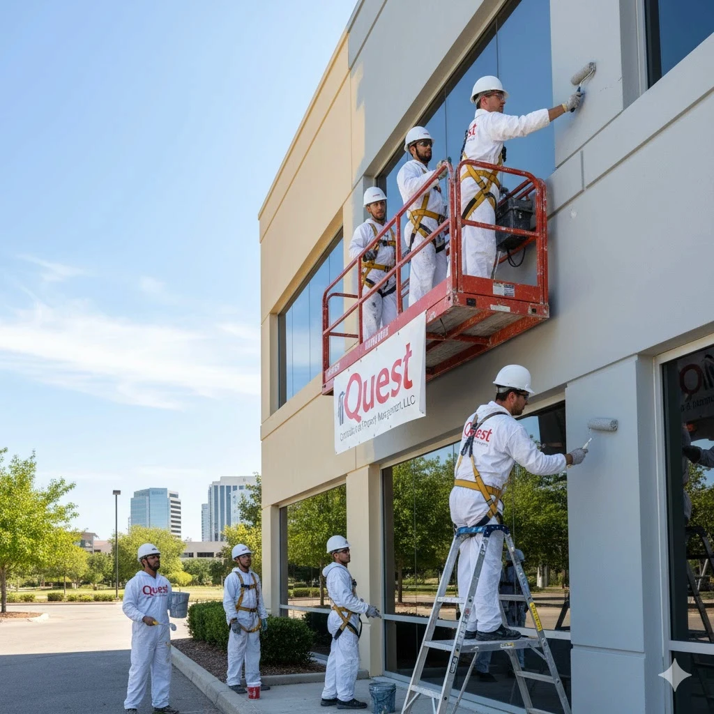 Professional painting crew working on commercial building exterior