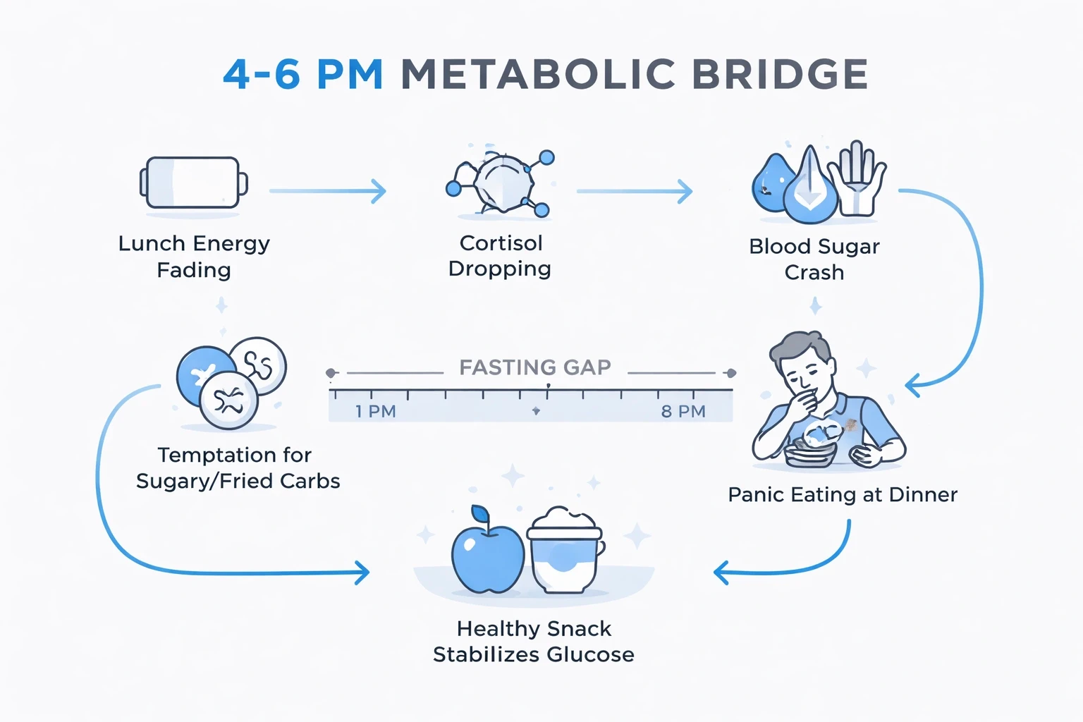 Modern flowchart on a light gray background showing the 4‑6 PM metabolic bridge, with icons for fading lunch energy, cortisol drop, blood sugar crash, unhealthy snack temptation, fasting gap, panic eating at dinner, and a healthy snack stabilizing glucose, highlighted in accent blue.