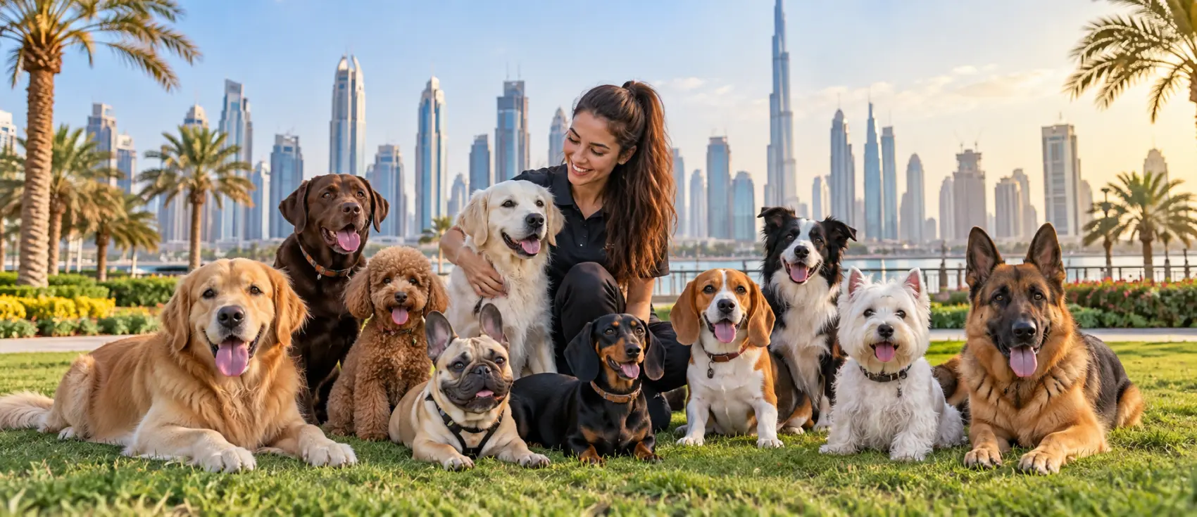 Dog sitter with eleven dogs of different breeds on a lawn with the Dubai skyline behind.