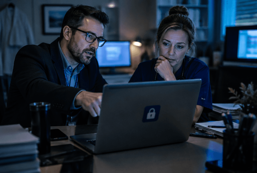 Security consultant pointing out an issue on a laptop to a concerned clinic owner