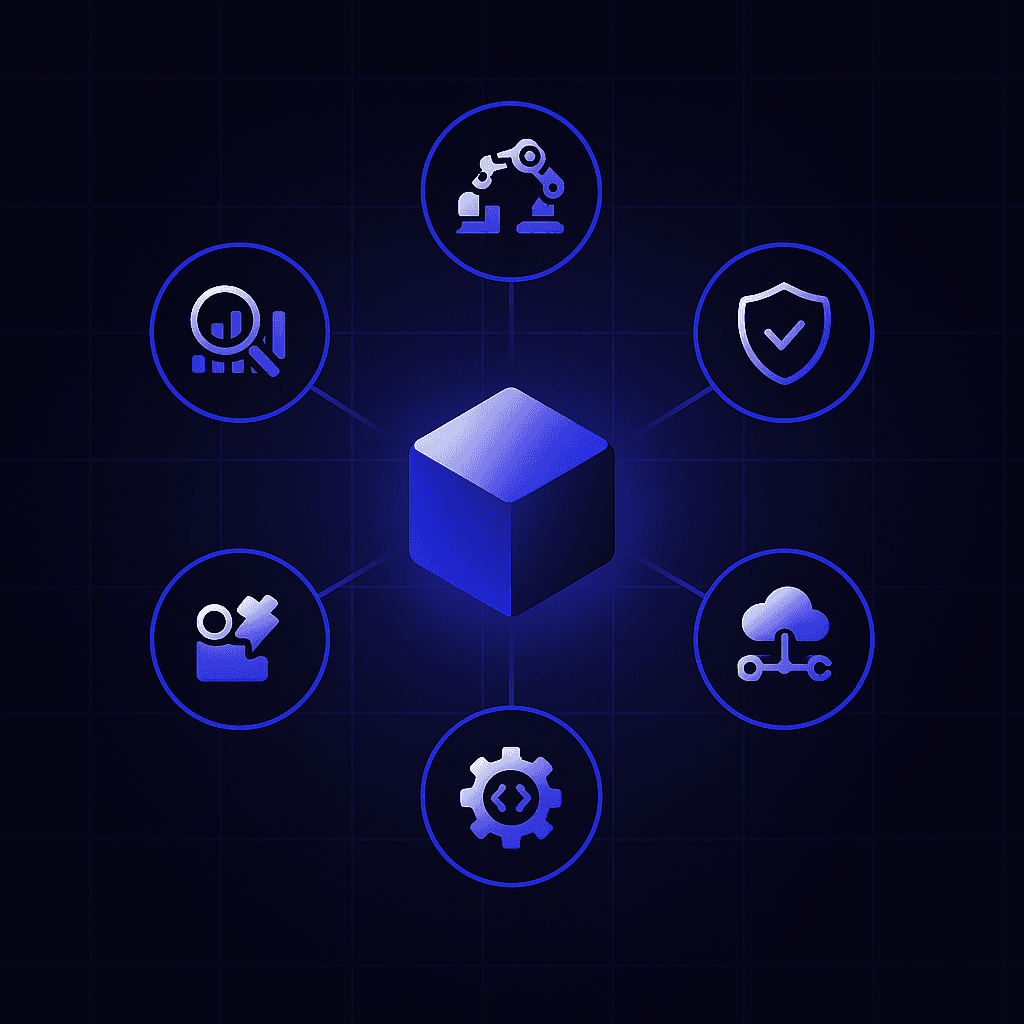 Radial diagram showing six core capabilities circling an AI-native CMS concept.