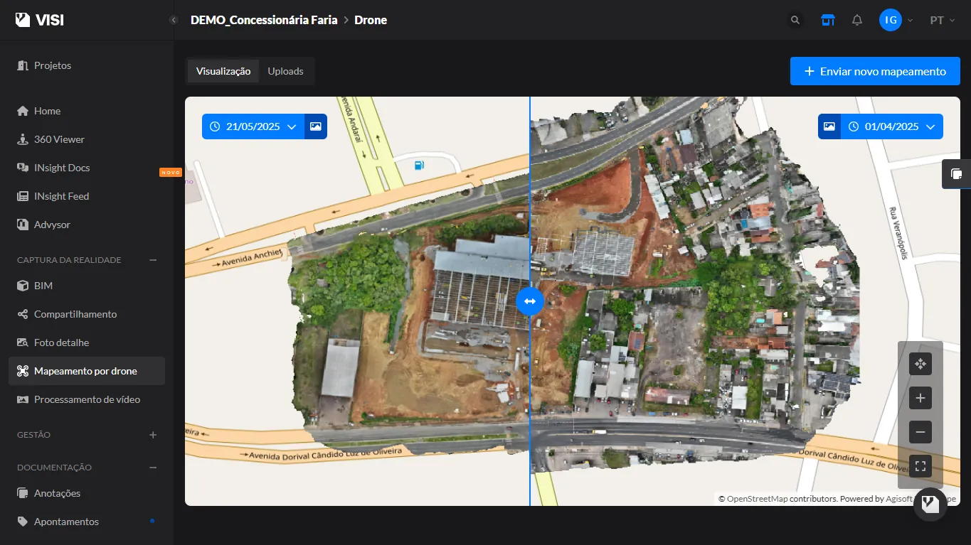 Comparação de ortomosaicos drone mostrando evolução de obra urbana com imagens aéreas georreferenciadas em diferentes datas