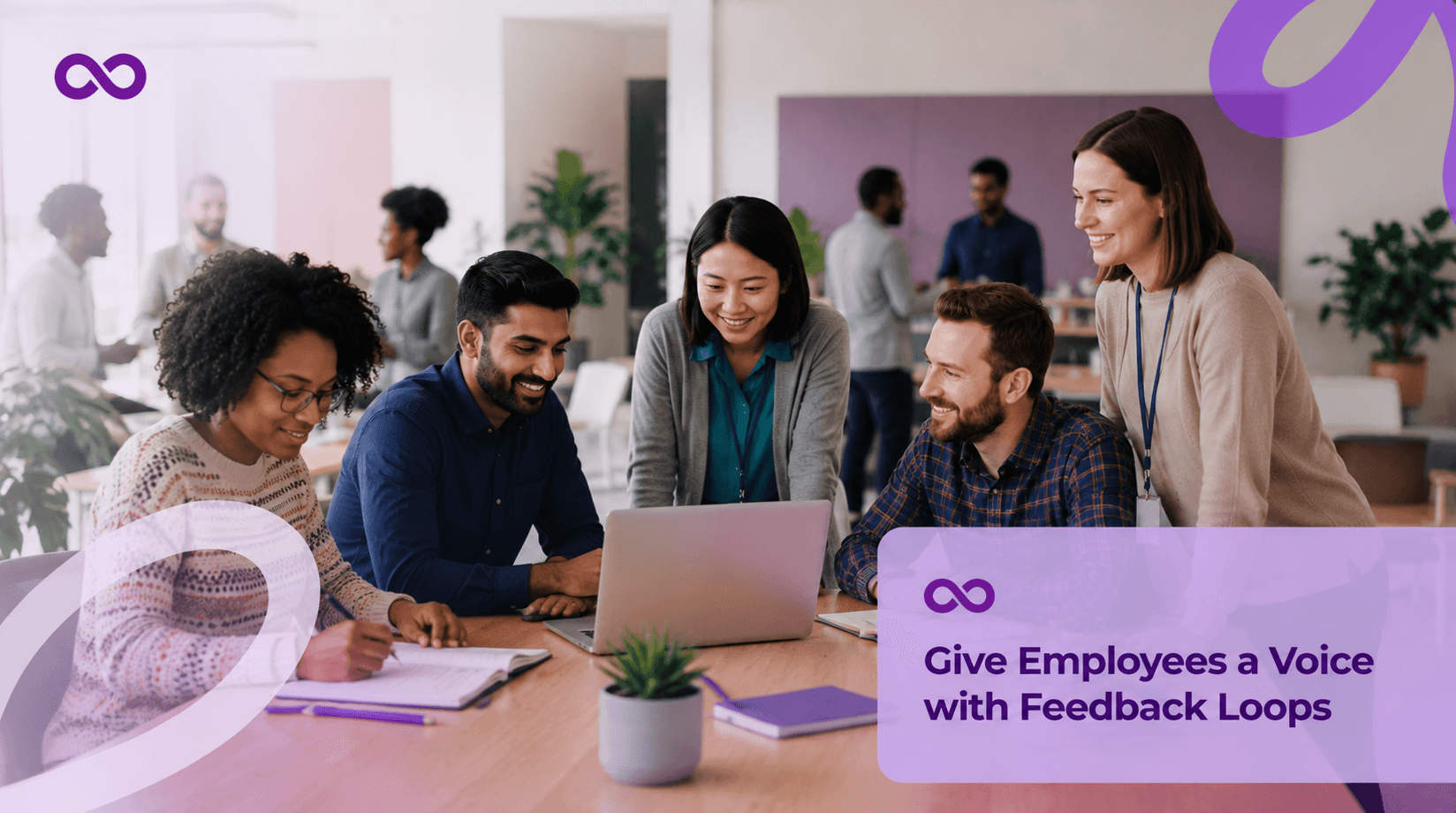 Illustration of employees giving feedback through the LoopB platform to reduce resenteeism and improve morale