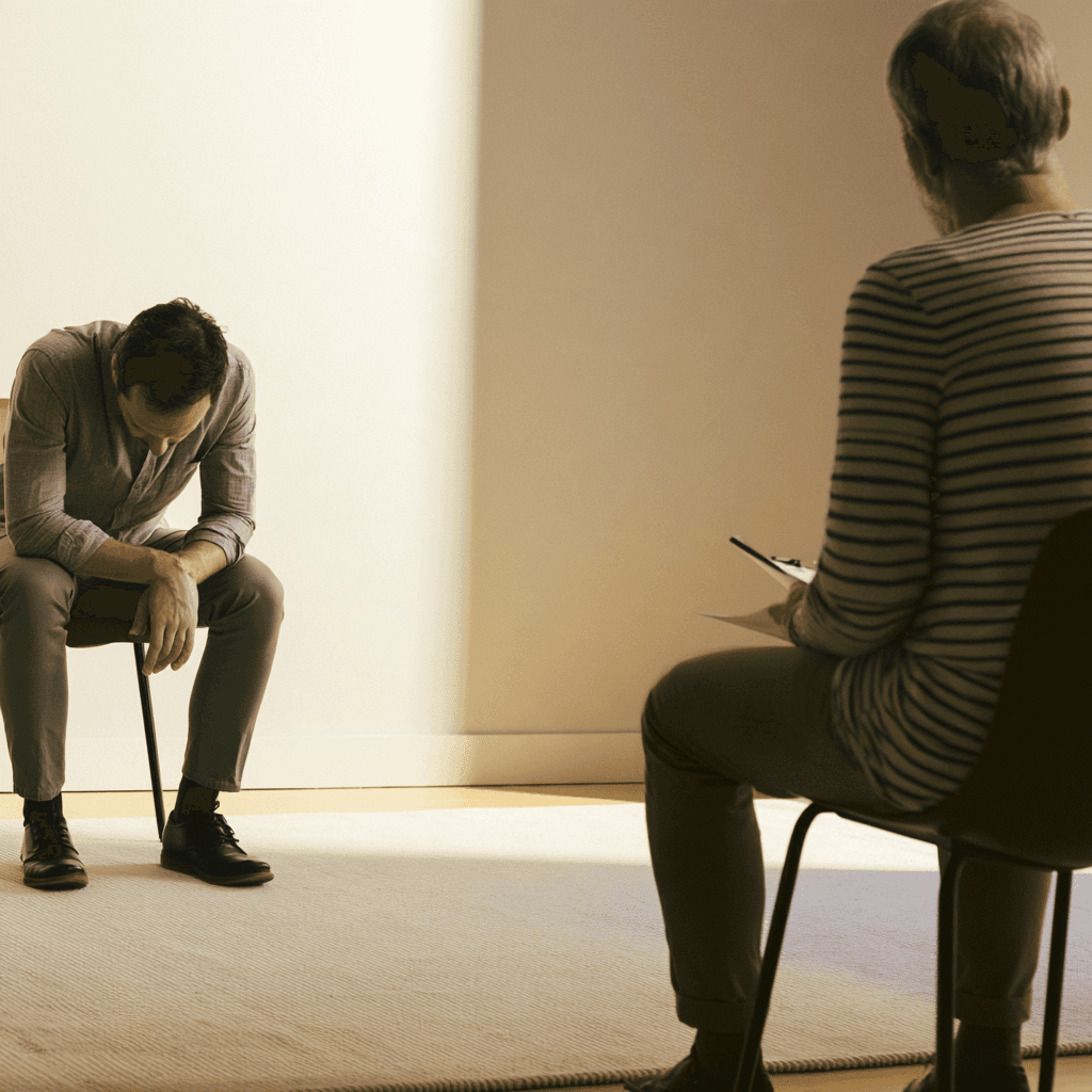 A man sitting across from a therapist in two chairs during an individual session