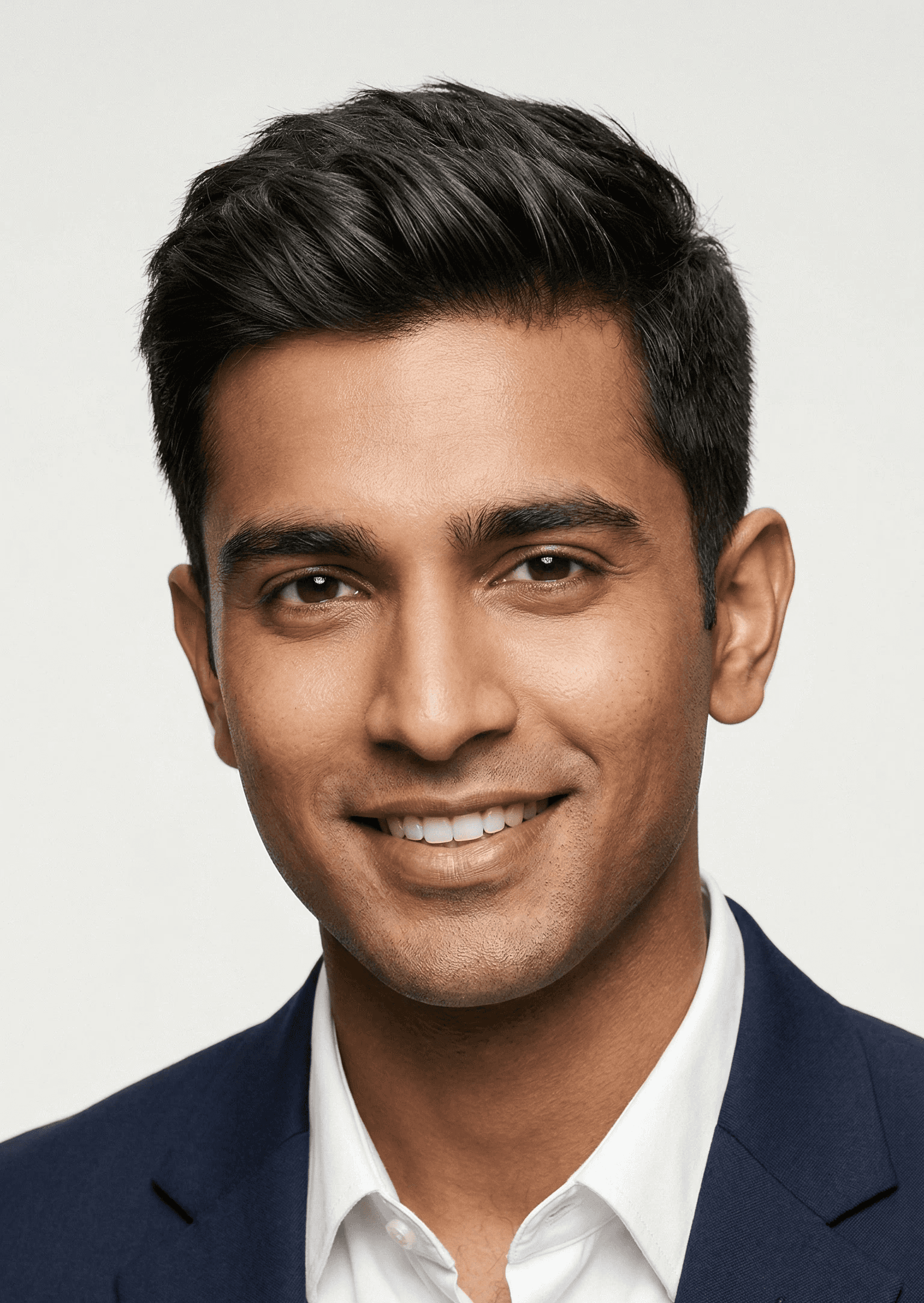 Reeltor Sydney real estate agent smiling confidently in a navy suit and white shirt, offering professional service.