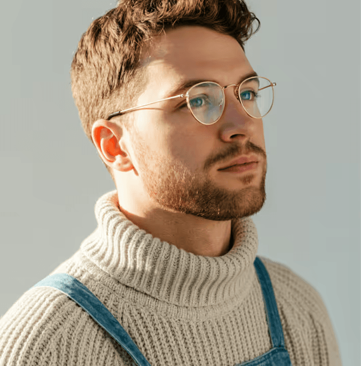 A man with glasses and a beard is wearing a beige knit turtleneck sweater under denim overalls, standing against a light gray background, in a serene and thoughtful pose.