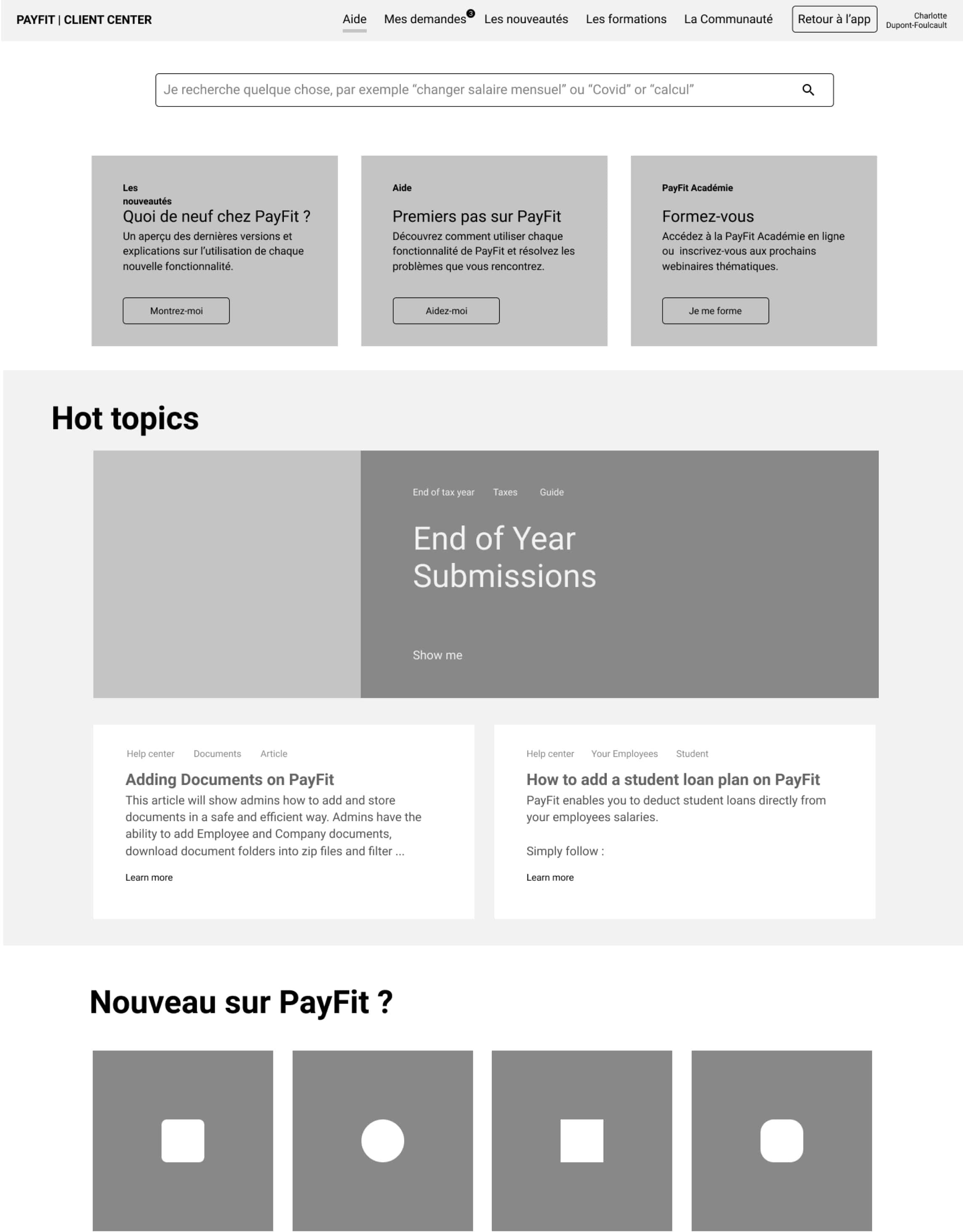 Wireframes mid-fidelity du help center PayFit — homepage générique, homepage contextuelle par pays, et page article, réalisés pour tester les parcours utilisateurs internes et clients.
