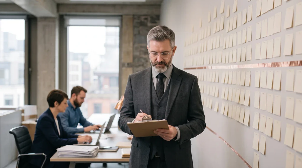 A man with a clipboard walking past a team at their desks