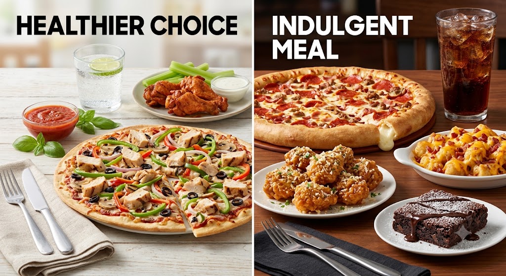A split-screen food photograph comparing a healthy Pizza Hut meal on the left (thin-crust veggie chicken pizza, marinara, naked wings, water) with an indulgent meal on the right (Stuffed Crust Meat Lover's pizza, cheesy tots, boneless wings, brownie, cola), labeled with "HEALTHIER CHOICE" and "INDULGENT MEAL" text overlays, designed for a nutrition article.