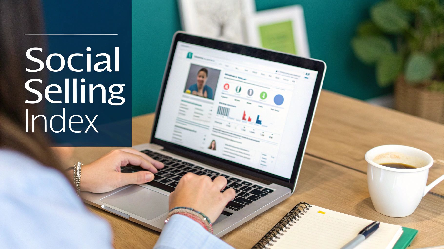 Person typing on a laptop showing a social selling index dashboard, with coffee and notebook.
