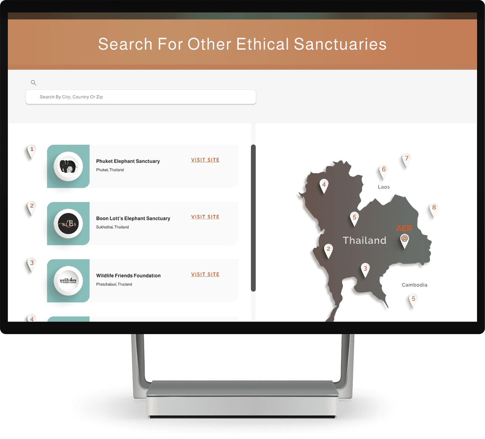 A desktop computer displaying a user-friendly interface for searching ethical sanctuaries, featuring a map and a curated list of vetted locations.