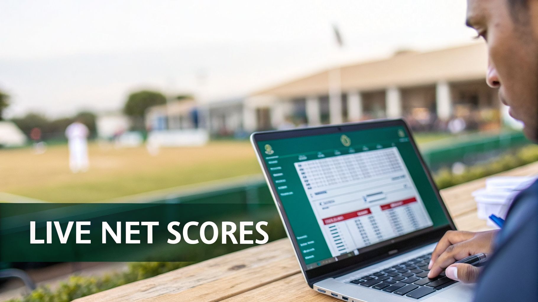A person uses a laptop displaying live net scores with a blurred sports field in the background.
