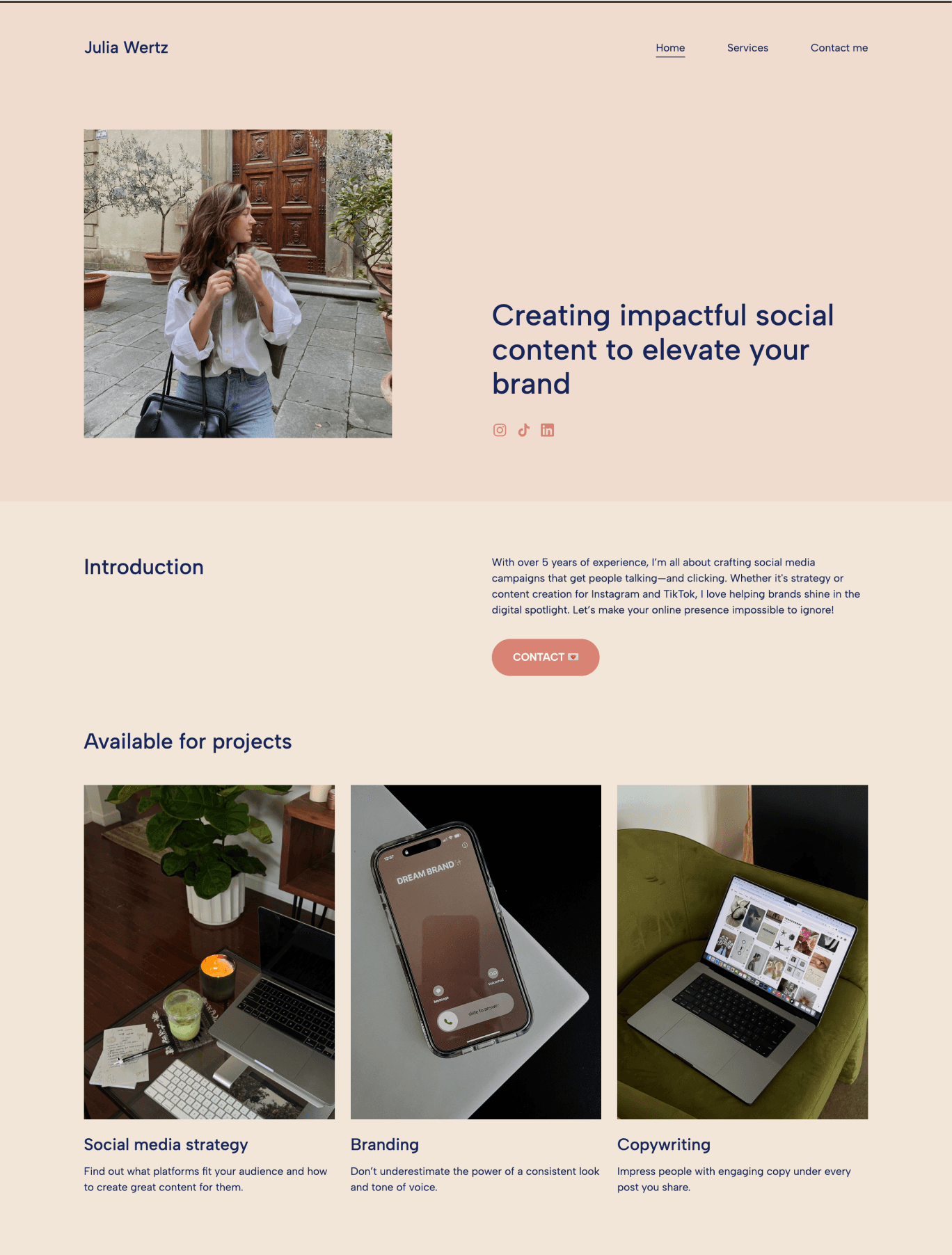 A sample social media portfolio website made with Copyfolio, using the Champagne color palette and Gambetta-Albert Sans font combination preset.