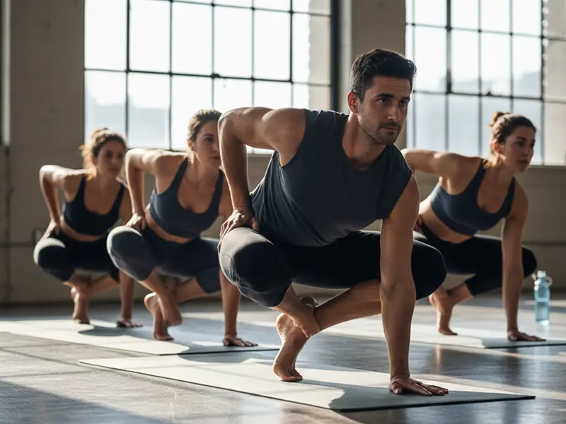 A diverse group of athletic yoga practitioners in a bright, modern studio with floor-to-ceiling windows, holding a strong Warrior II pose with focused determination.
