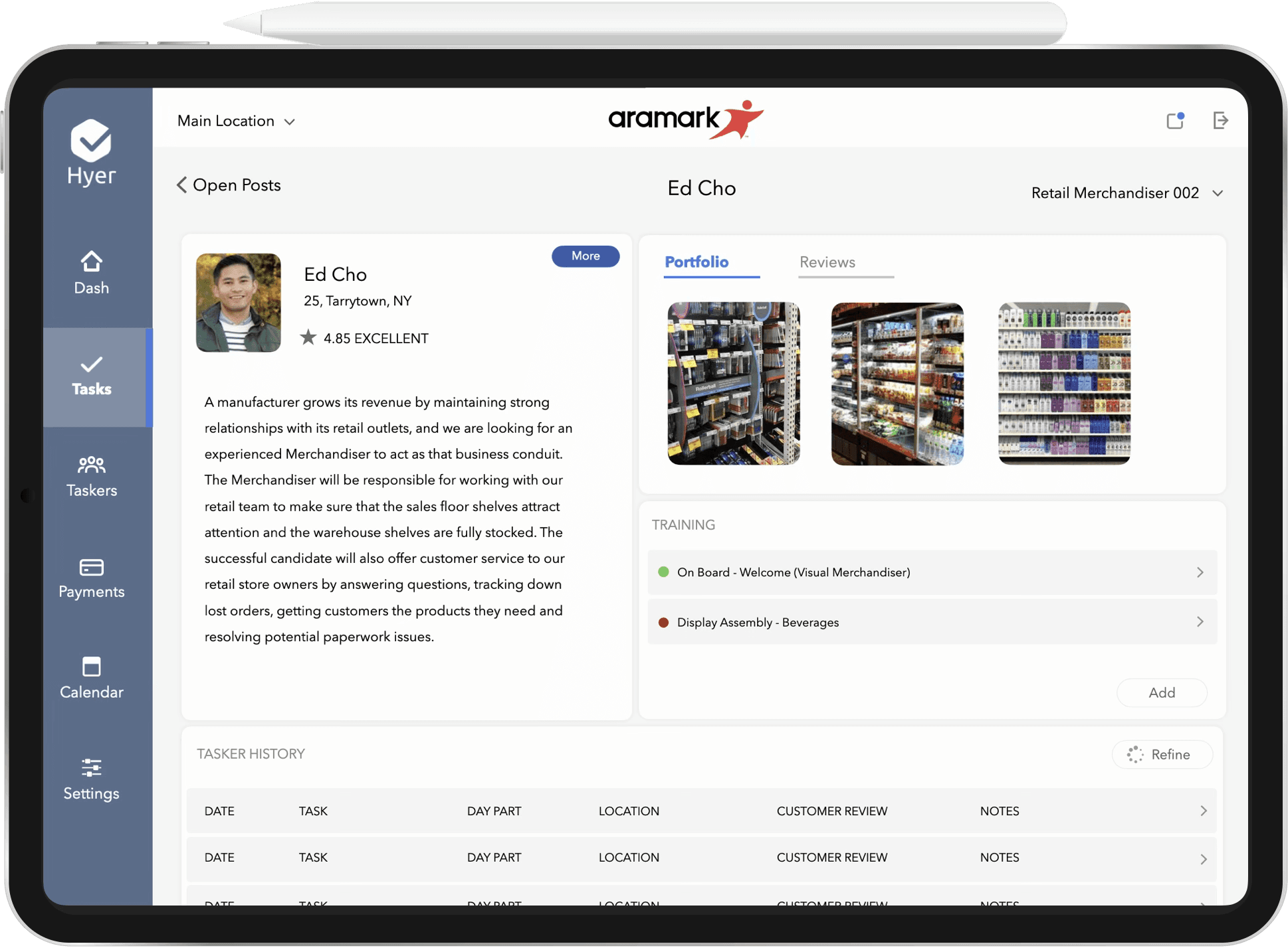Hyer partner dashboard for Aramark featuring gig-economy employee information.
