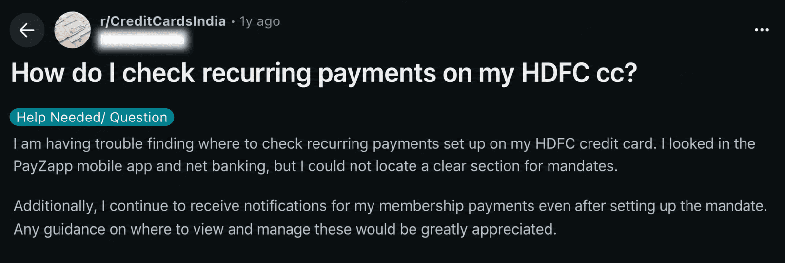 Reddit post: How do I check recurring payments on my HDFC cc?