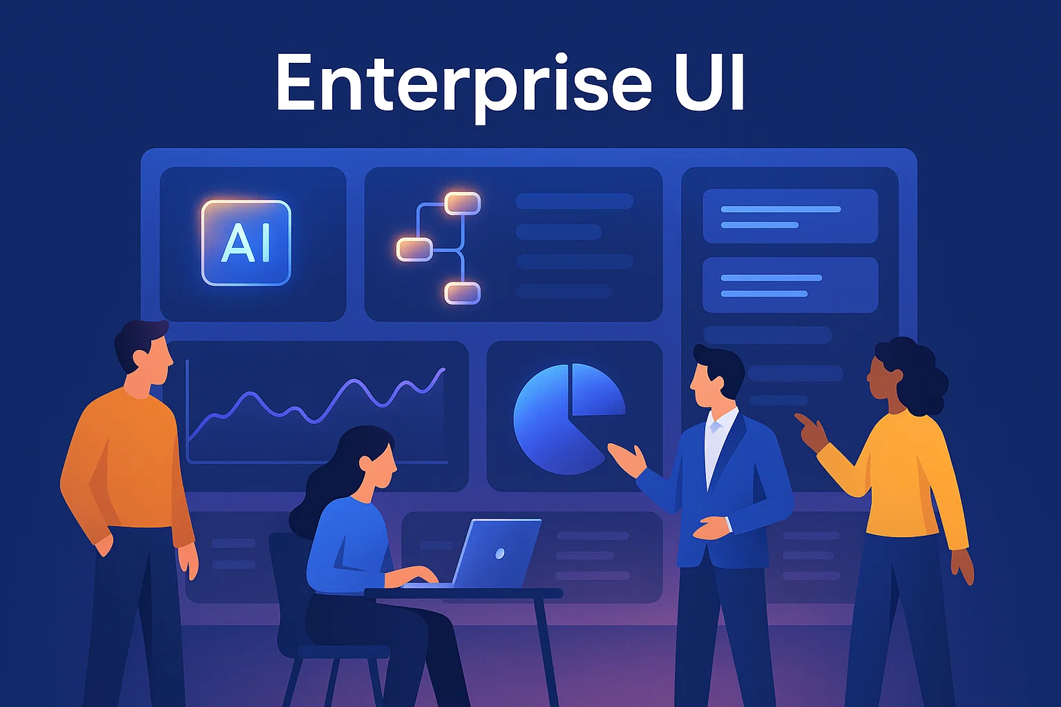 Enterprise UI design team analyzing AI dashboards and data charts in 2025 modern interface