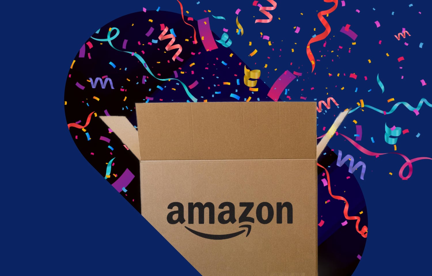 Amazon box open with confetti flying out