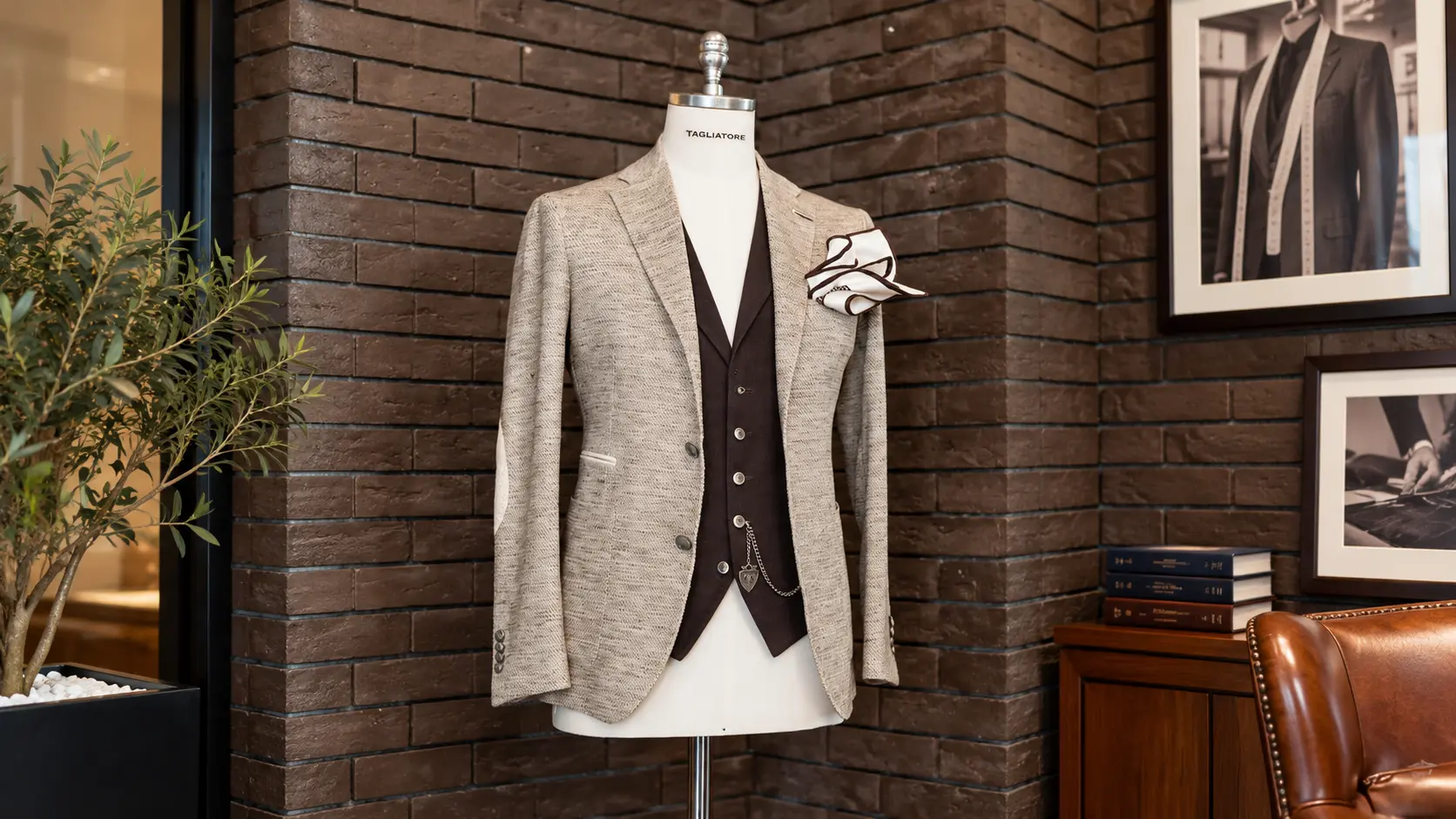Beige tailored blazer with dark waistcoat displayed on a mannequin at Santoba Tailors, showcasing professional suit styling and craftsmanship.