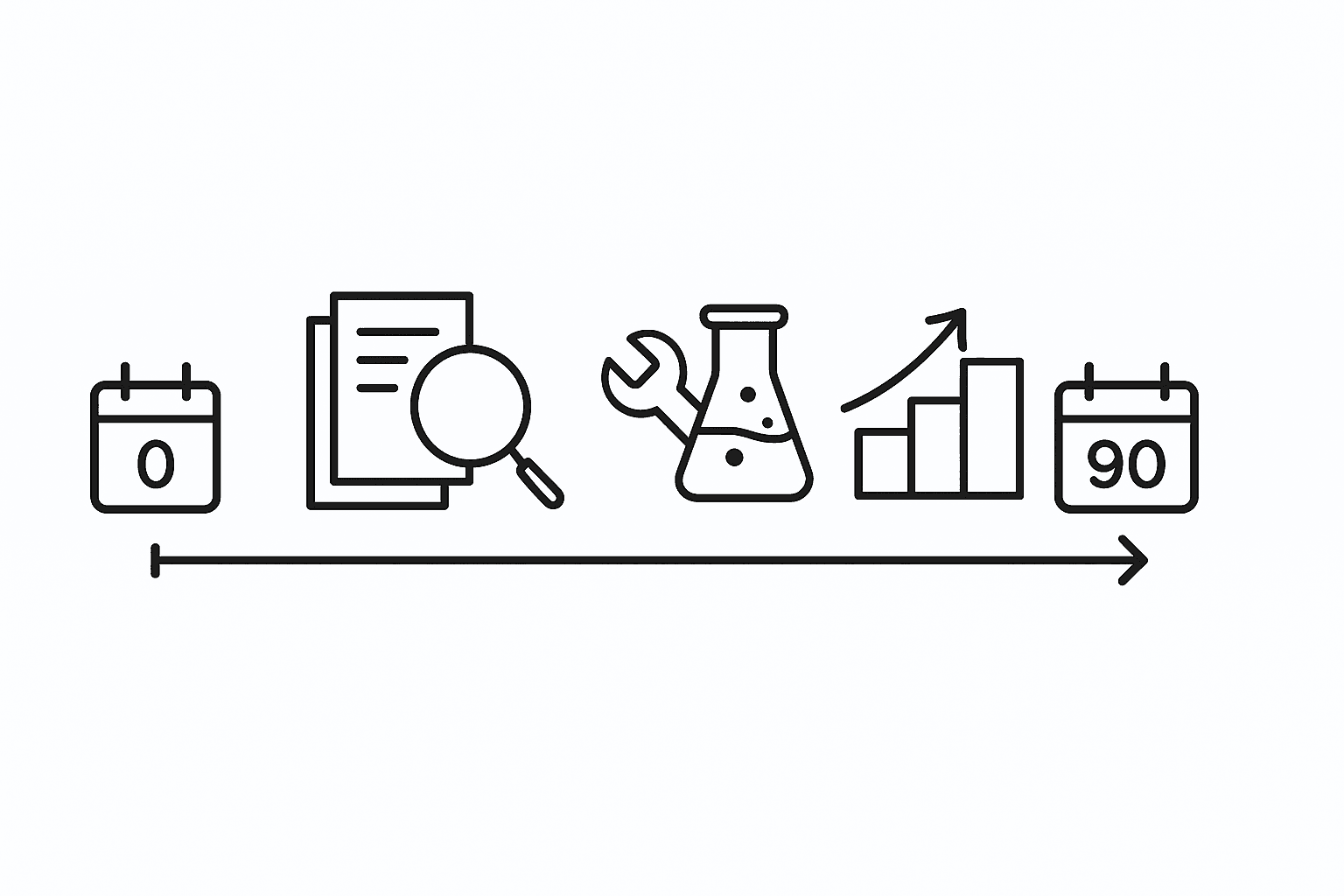 Timeline arrow with icons: magnifying glass, wrench with beaker, upward arrow; illustrating 90-day GEO rollout phases.