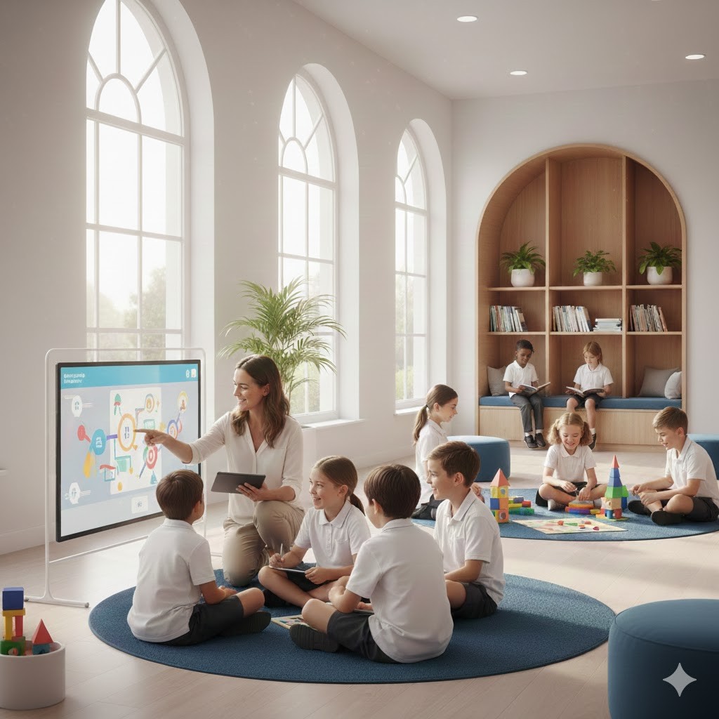 A school building stands against the backdrop of a clear sky