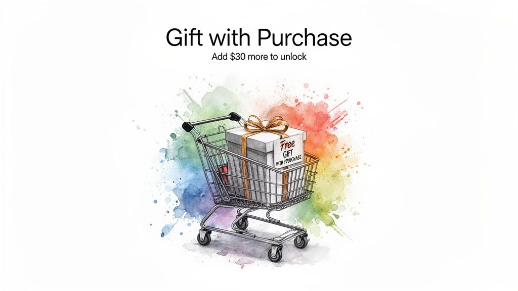 A shopping cart holding a gift box with a bow and 'Free Gift with Purchase' tag, on a colorful watercolor background.