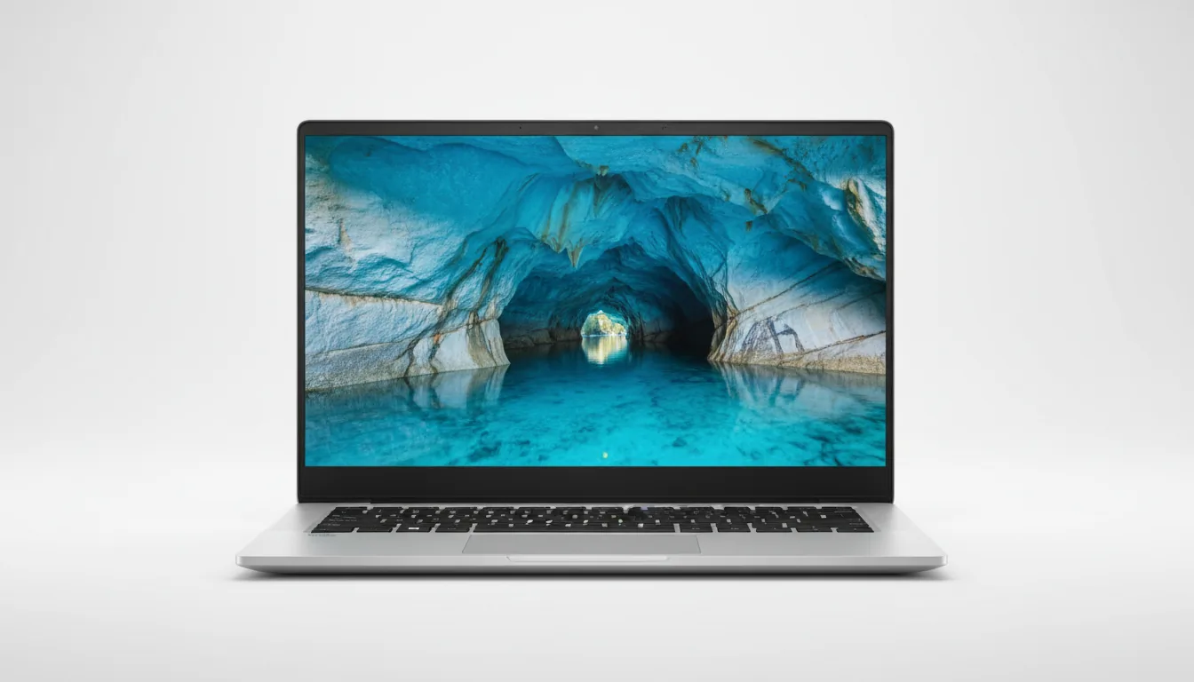 Professional product photography of a modern Dell laptop, centered and open, against a seamless pure white studio background. The laptop features a slim silver aluminum body and a black textured keyboard deck. Its screen has ultra-thin bezels and displays a vibrant, colorful wallpaper of a sea cave with blue and white marbled rock formations over turquoise water. The image is captured with sharp focus, under bright, even, soft studio lighting with no harsh shadows.