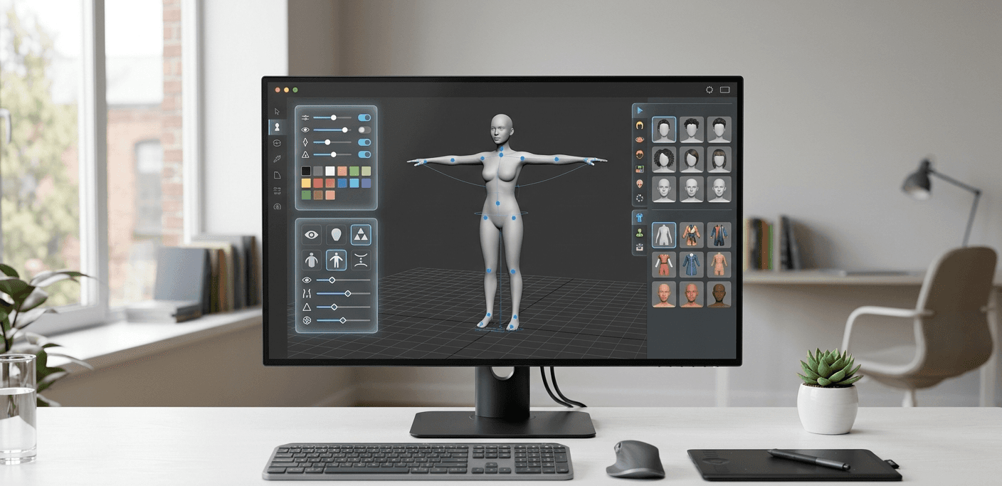 A 3D avatar being customized within the Unity editor's user interface.