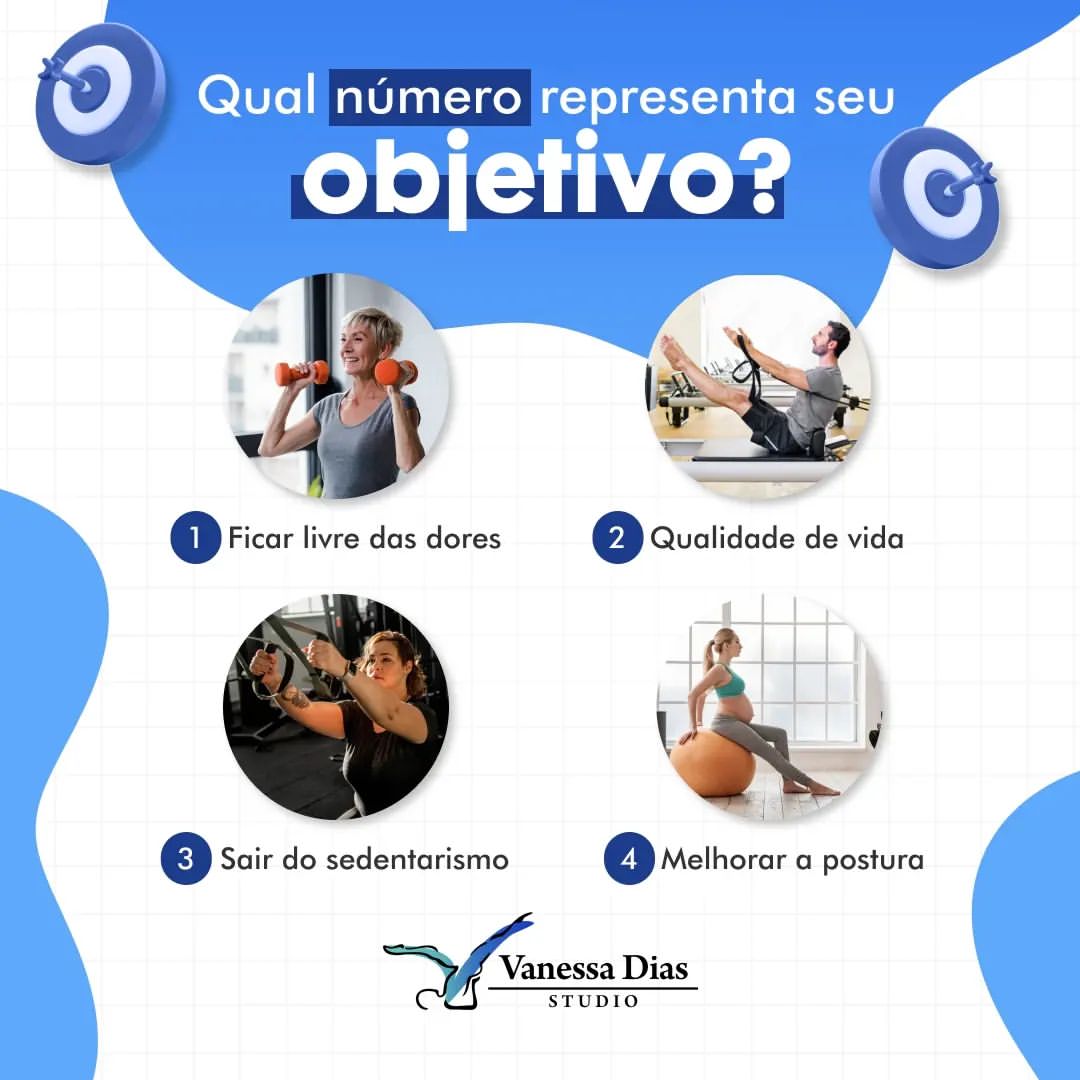 Defina seus objetivos de saúde e bem-estar: eliminar dores, melhorar a qualidade de vida, sair do sedentarismo e corrigir a postura. Quatro ícones ilustram metas comuns para os clientes do Studio Vanessa Dias, com foco em fisioterapia e exercícios.