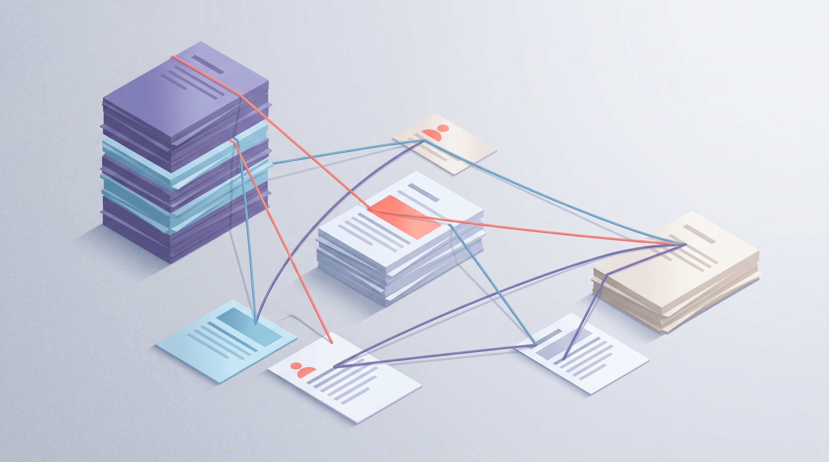 Paper cards connected by citation threads