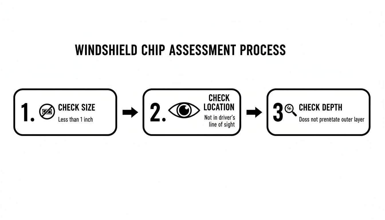 A flowchart illustrates the windshield chip assessment process, outlining steps for size, location, and depth.