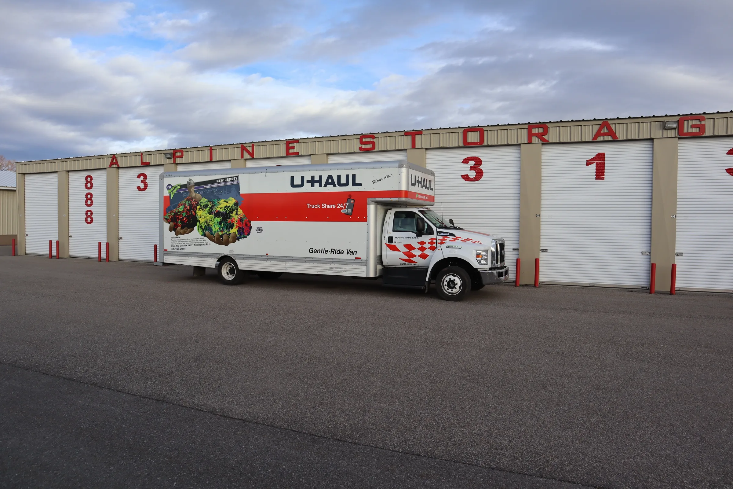 U-Haul moving truck parked outside Alpine Storage in Rexburg