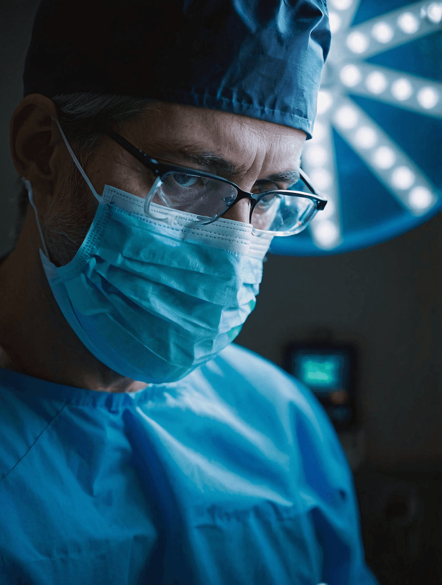 Close-up of a focused surgeon wearing a mask, glasses, and cap, with bright surgical lights behind, conveying concentration in a medical setting.