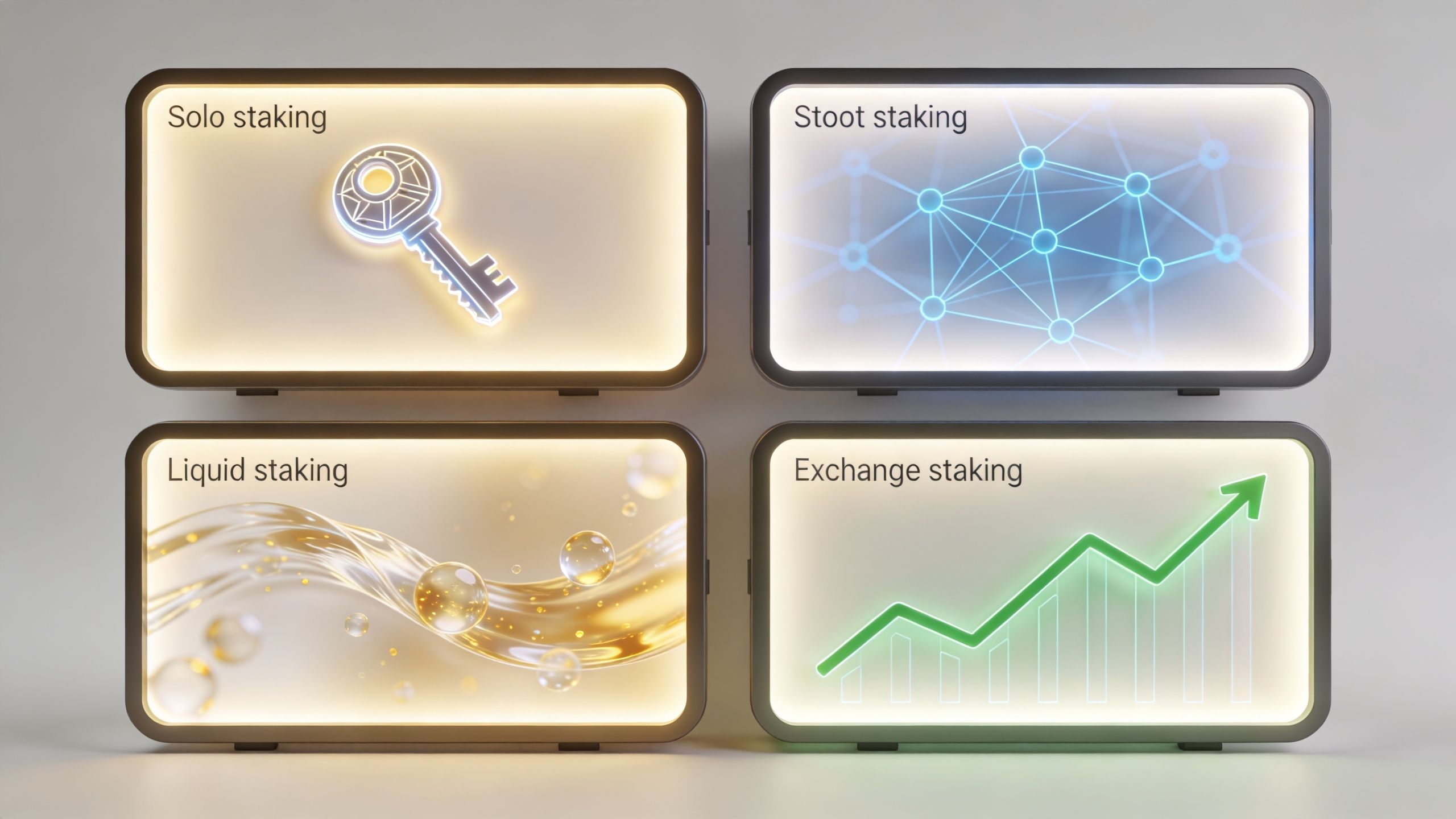 A digital display featuring four types of cryptocurrency staking methods including solo, pooled, liquid, and exchange staking.