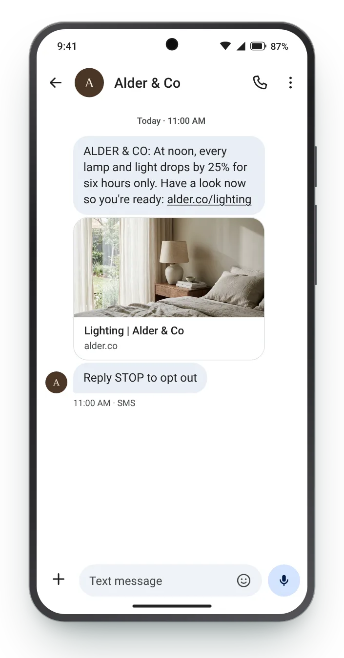 An hour's notice before it starts flash sale text on an Android phone