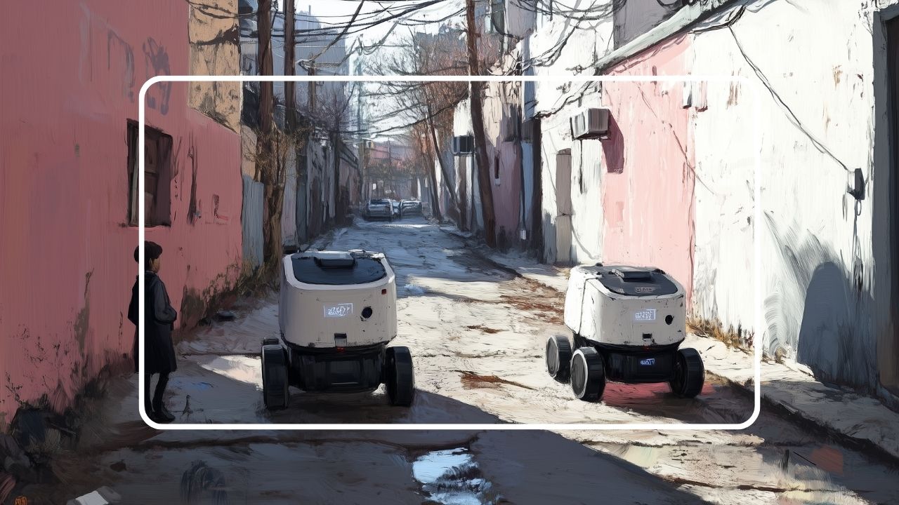 Two autonomous delivery robots driving down a narrow alley as a person watches