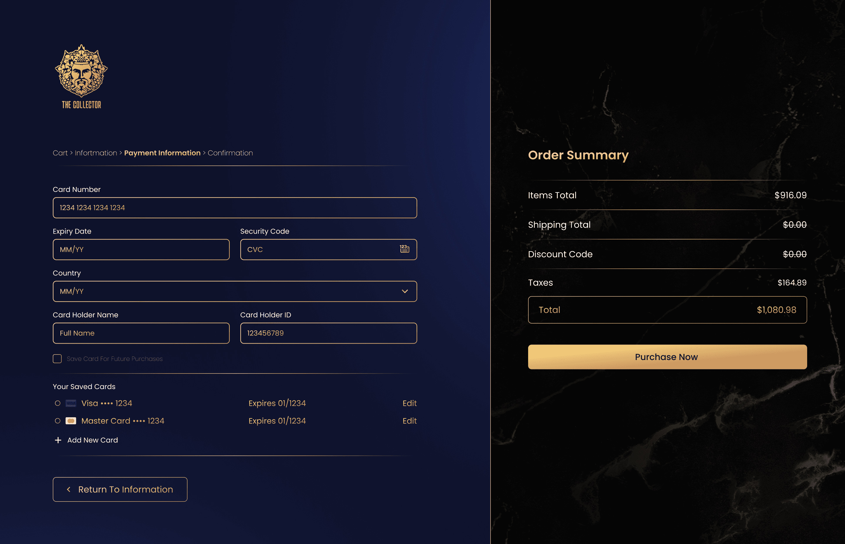 Luxury ecommerce payment page with secure checkout form, order summary, and elegant navy gold interface design.