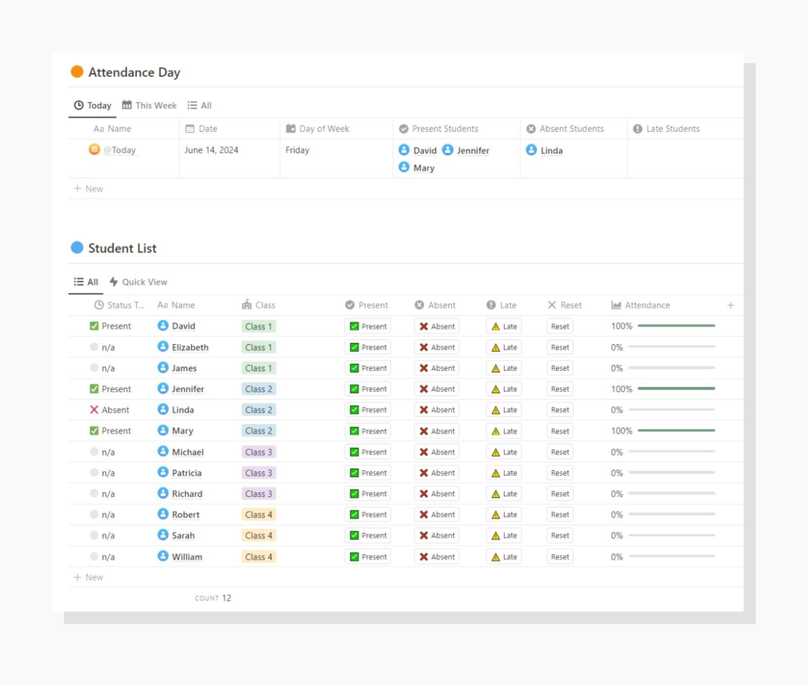 Notion student attendance tracker template