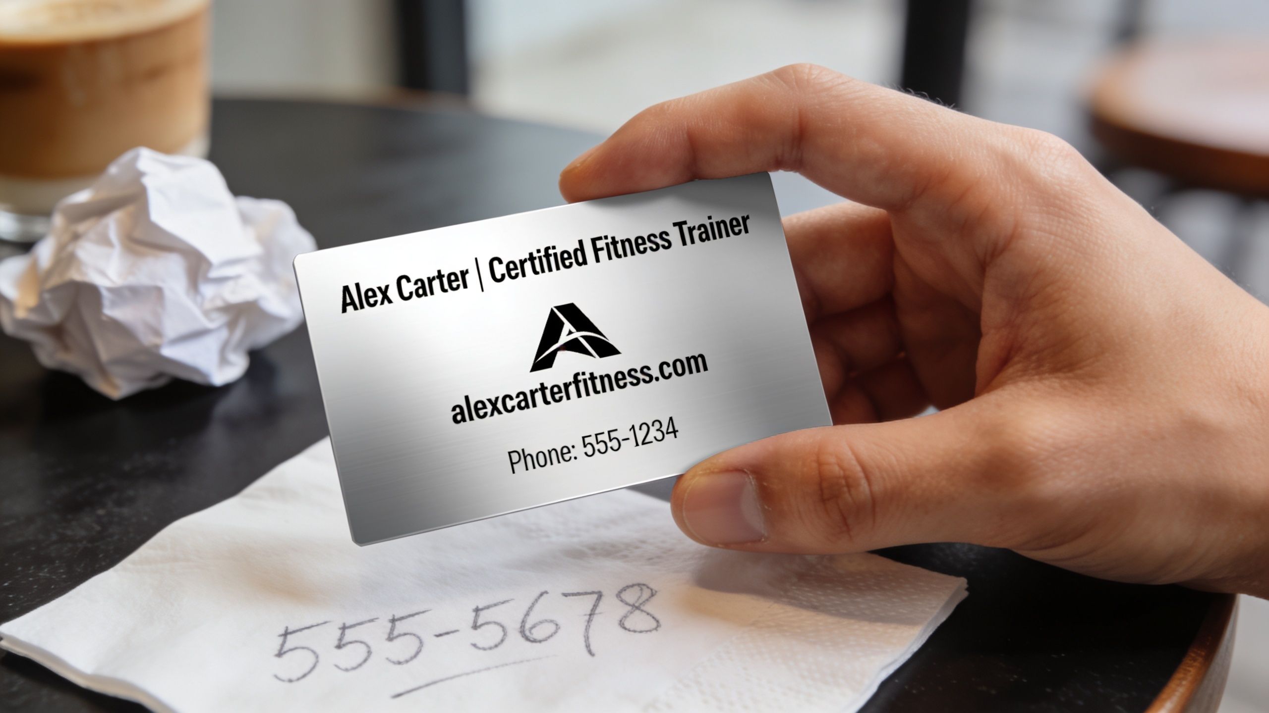 A hand holding a metallic silver business card for a certified fitness trainer named Alex Carter.