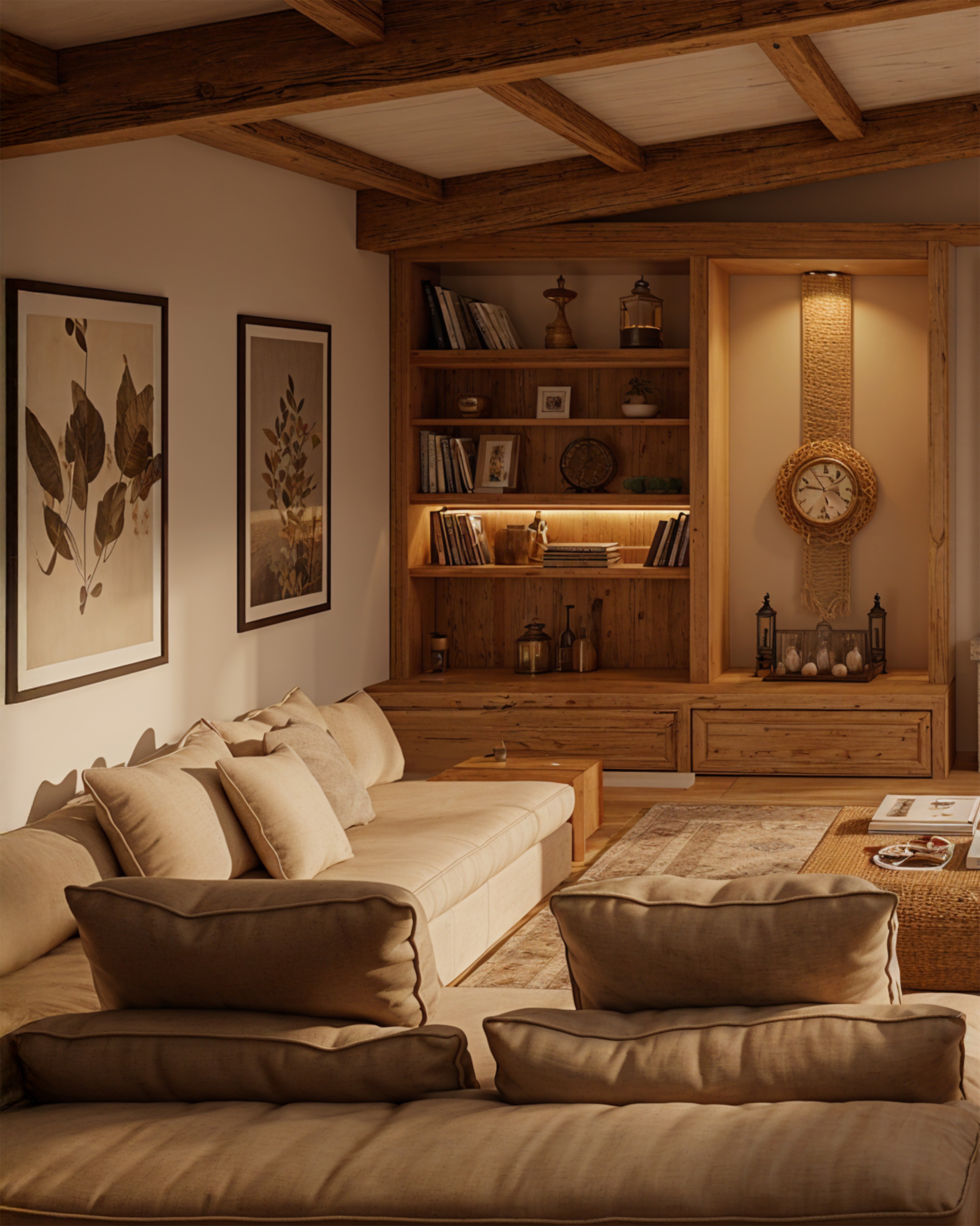 Warm rustic lounge with exposed wood beams, built-in shelving, neutral seating, botanical artwork, and layered lighting.