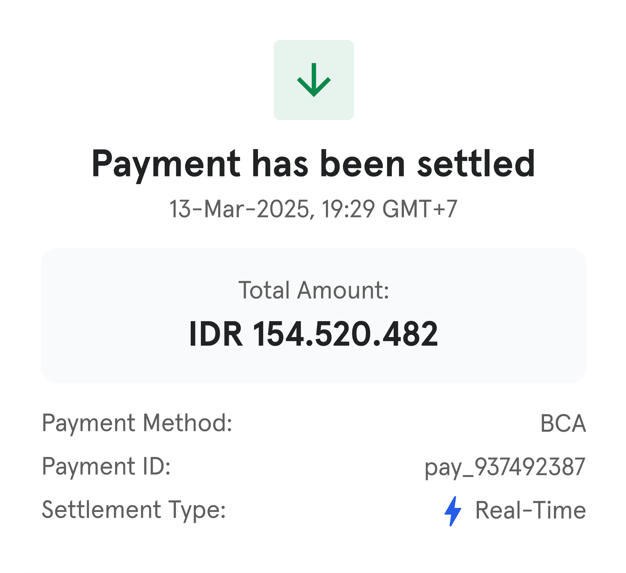 Notification indicating payment has been settled instantly via Durianpay’s real-time settlement