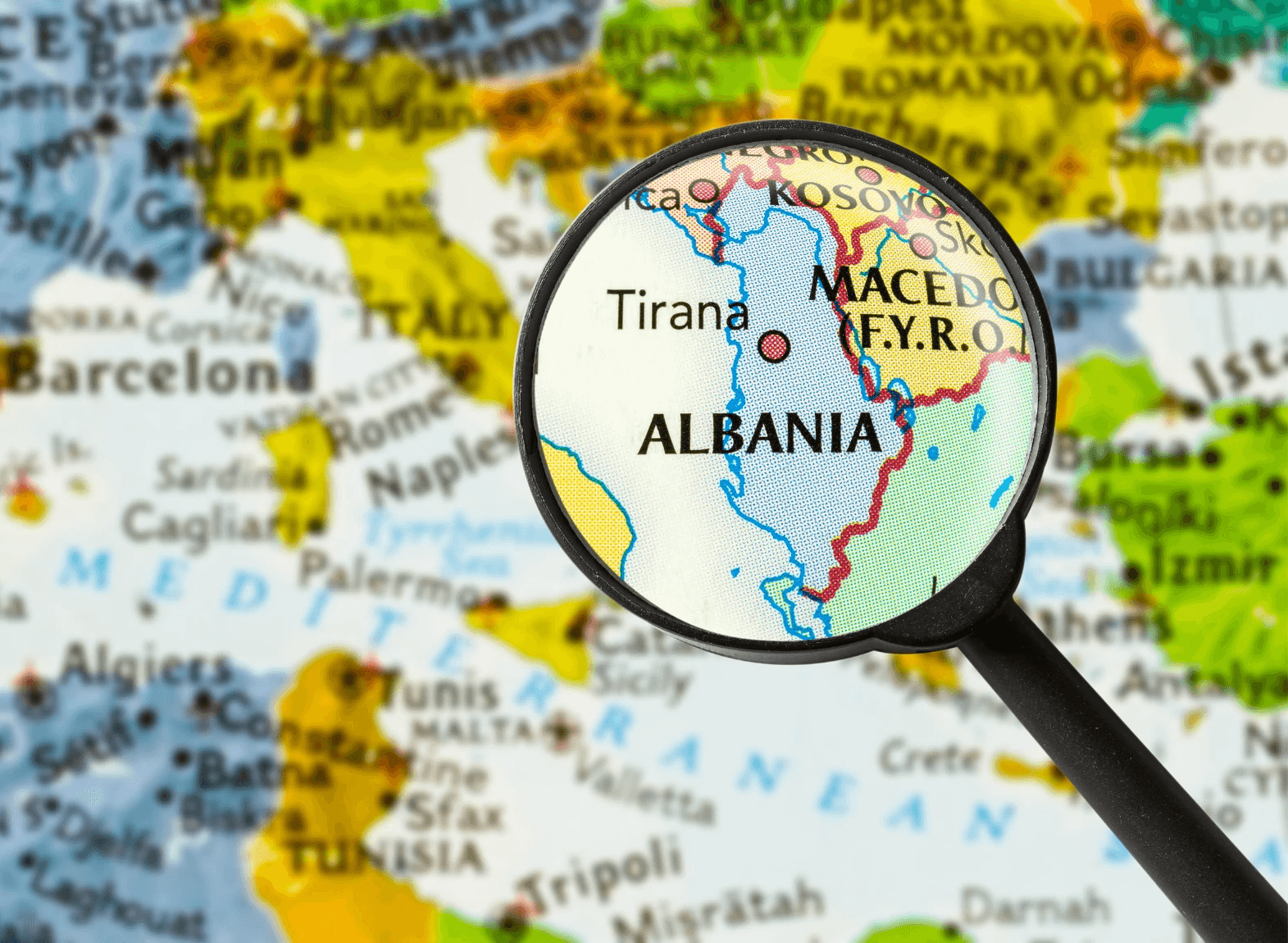 Map of Albania highlighting Free Zones for company formation with tax benefits.