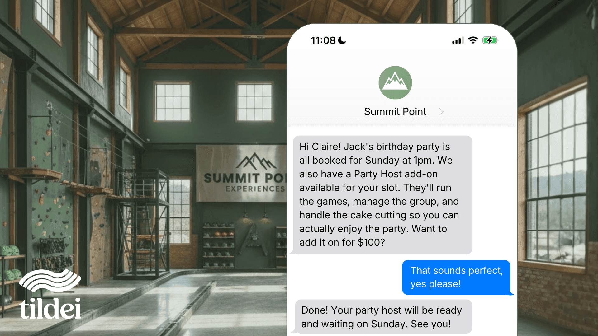 An workflow reaches out to a customer who has booked a party, and upsells them a host to help run the party. The customer agrees.