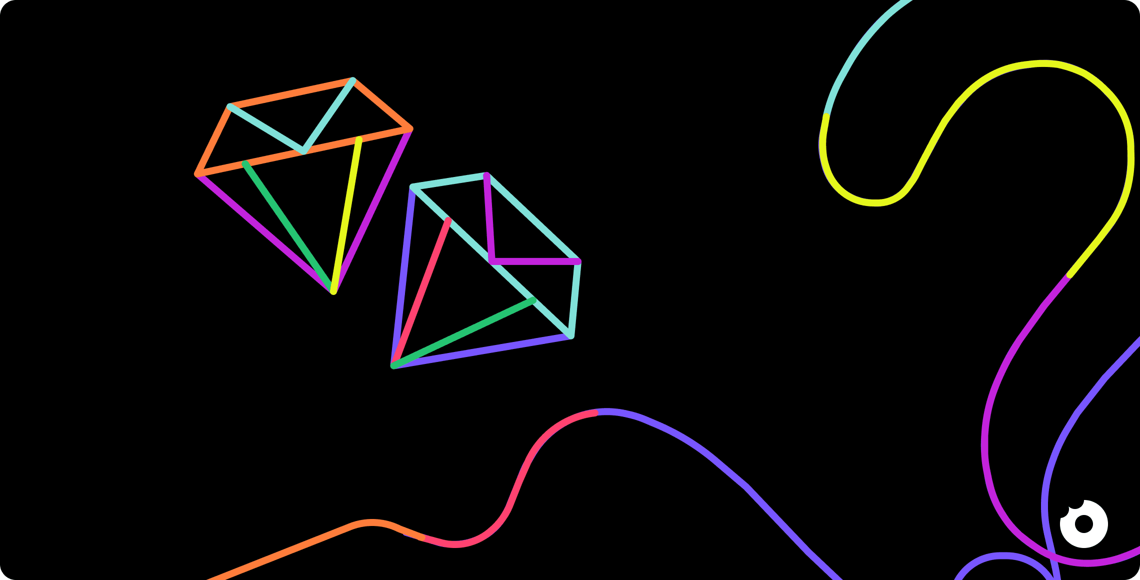 Abstract illustration of colorful diamond shapes and flowing lines on a dark background